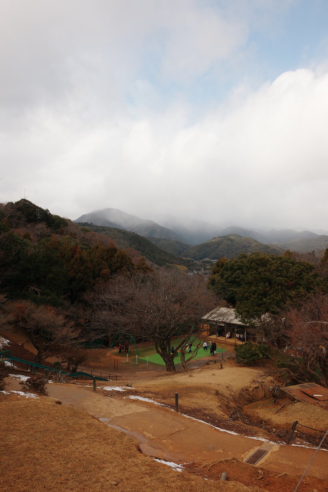 misty mountain view from a hilltop park